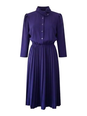 VTG Bantry Bay Long Sleeve Midi Length Purple Dress Size 16 Pleated Shoulder Pad